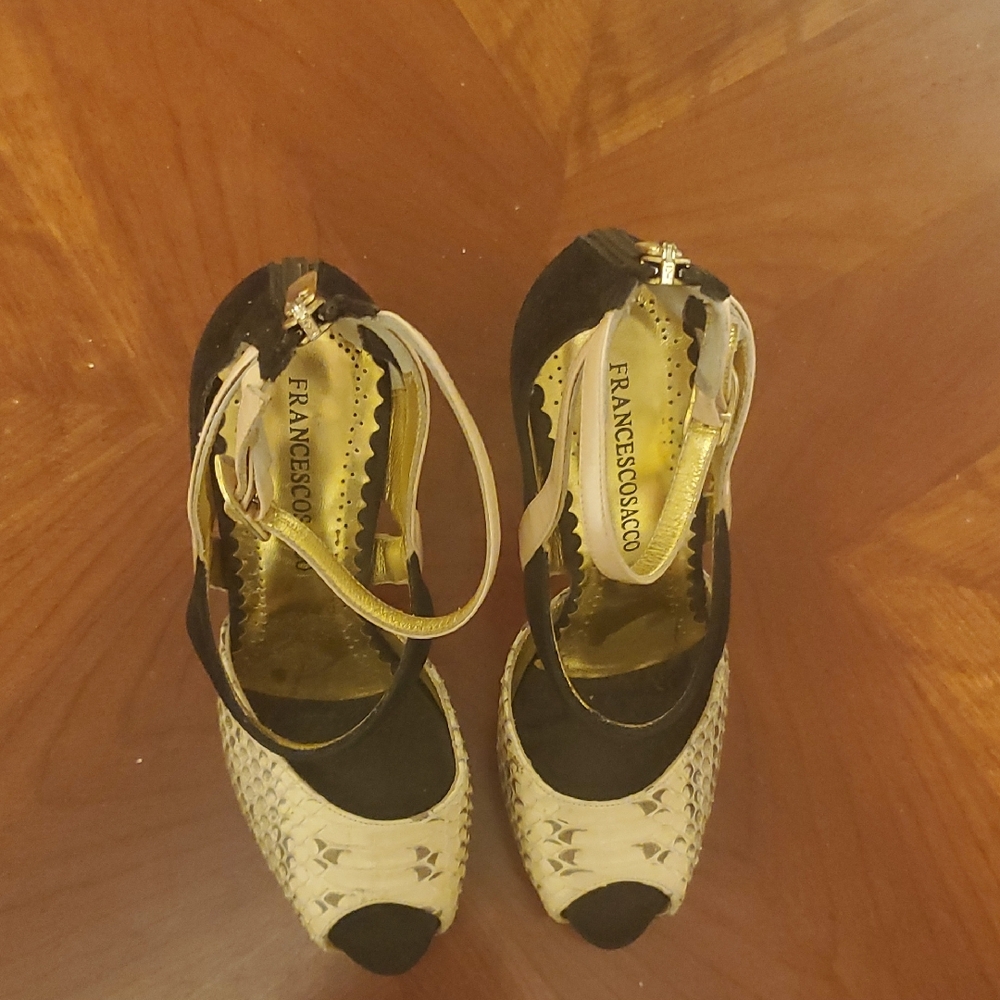 Francesco Sacco Black and Cream Snakeskin Women's Shoes